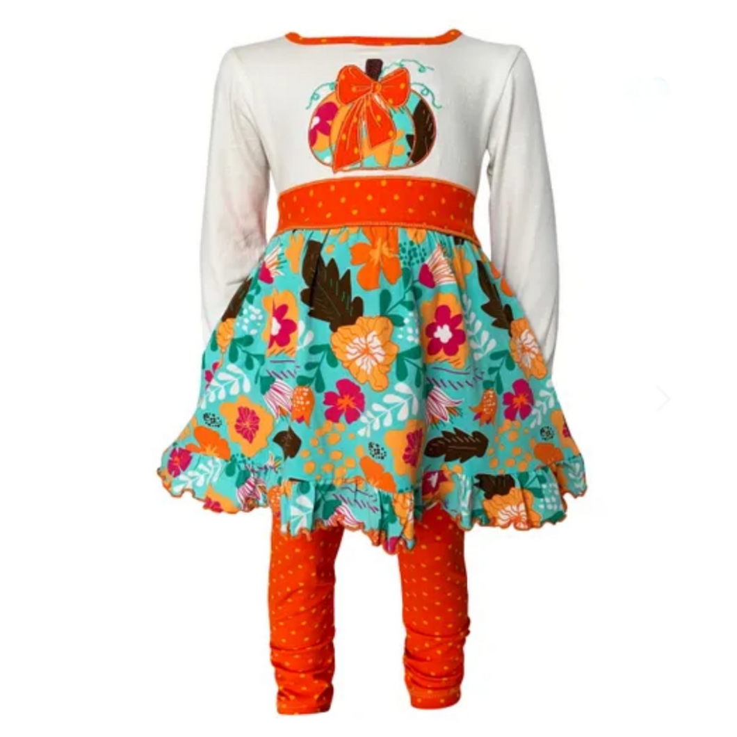 Orange Pumpkin, Floral Dress with Leggings