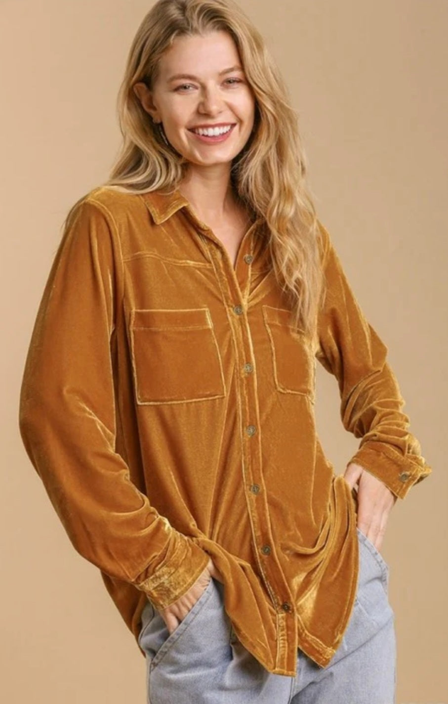 Mustard Velvet Button Down Top