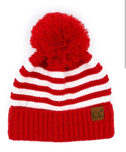 TRUE RED/White Striped Cc Brand Beanie with Yarn Pom!